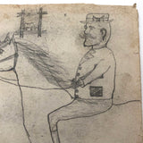 Willis Hutchinson 1883 Double-Sided Sketchbook Drawing: Man on Horse, Watch, Unicycle