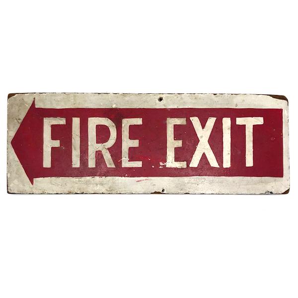 Red and White Hand-painted Fire Exit Arrow Sign with Perfect Patina