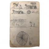 Willis Hutchinson 1883 Double-Sided Sketchbook Drawing: Man on Horse, Watch, Unicycle