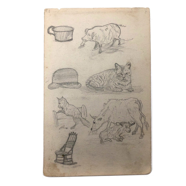 Willis Hutchinson 1883 Double-Sided Sketchbook Drawing: Animals, Rocker, Boy with Hoop