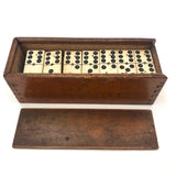 Nice Old Bone and Ebony Complete Double Six Dominoes in Original Slide Top Box