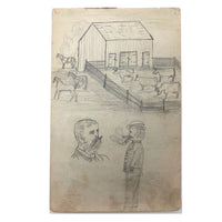 Willis Hutchinson 1883 Double-Sided Sketchbook Drawing: Barnyard, Man Smoking Cigar, Beard,
