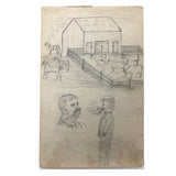 Willis Hutchinson 1883 Double-Sided Sketchbook Drawing: Barnyard, Man Smoking Cigar, Beard,