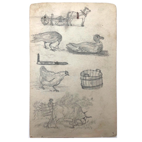 Willis Hutchinson 1883 Double-Sided Sketchbook Drawing: Barnyard, Man Smoking Cigar, Beard,