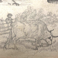 Willis Hutchinson 1883 Double-Sided Sketchbook Drawing: Barnyard, Man Smoking Cigar, Beard,