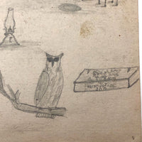 Willis Hutchinson 1883 Double-Sided Sketchbook Drawing: Owl, Cat, Baseball, Kites