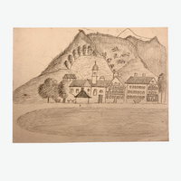 Sweet Naive 1880s Graphite Drawing of Hillside Village with Church