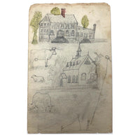 Willis Hutchinson 1883 Double-Sided Sketchbook Drawing: Dogs (Lion?), Church, Cows, Kite Fliers