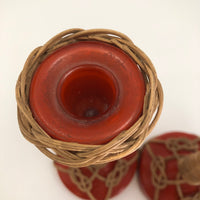 Wicker and Orange Painted Glass Vintage Candlestick Holders