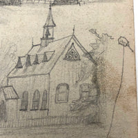 Willis Hutchinson 1883 Double-Sided Sketchbook Drawing: Dogs (Lion?), Church, Cows, Kite Fliers