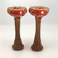 Wicker and Orange Painted Glass Vintage Candlestick Holders