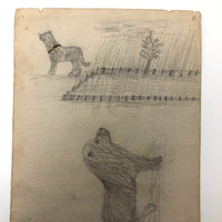 Willis Hutchinson 1883 Double-Sided Sketchbook Drawing: Dogs (Lion?), Church, Cows, Kite Fliers