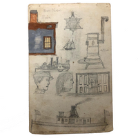 Willis Hutchinson 1883 Double-Sided Sketchbook Drawing: Faces, Stove, Star, Ships