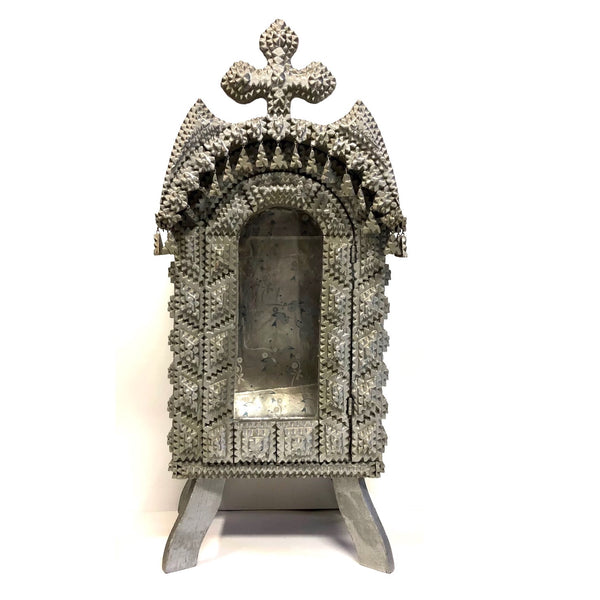Amazing Old Silver Painted Chip Carved Tramp Art Shrine