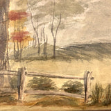 Painterly Old Watercolor Landscape with Gate and  Wispy Trees