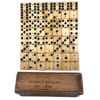 Louisa Seyfert's Excellent 1884 Bone Dominoes in Handmade Box, Complete Set