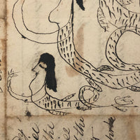 Fantastic c. 1830 Ink Drawing of Lamia with Verses, Riddles, Numbers