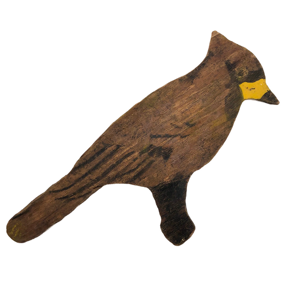 Old Wooden Cardinal Cutout with Bright Yellow Painted Beak