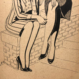 Bill Anthony Mid-Century Ink Drawing: Two Women Seated on Brick Wall