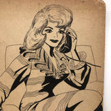 Bill Anthony Mid-Century Ink Drawing: Woman in Chair on Telephone