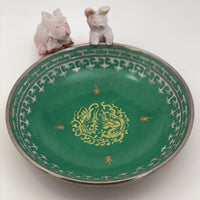 Green Enameled Chinese Porcelain Plate with Pewter Rim