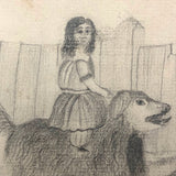 Mid 1800s Pencil Drawing of Girl with Lost Hat Riding Dog