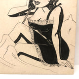 Bill Anthony Mid-Century Ink Drawing: Woman in Bed on Telephone