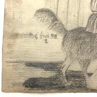 Mid 1800s Pencil Drawing of Girl with Lost Hat Riding Dog