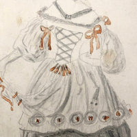 Mid 1800s Pencil and Watercolor Portrait of Young Woman in Fancy Dress