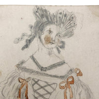 Mid 1800s Pencil and Watercolor Portrait of Young Woman in Fancy Dress