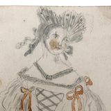 Mid 1800s Pencil and Watercolor Portrait of Young Woman in Fancy Dress