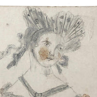 Mid 1800s Pencil and Watercolor Portrait of Young Woman in Fancy Dress