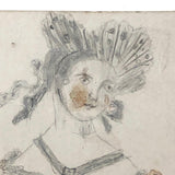 Mid 1800s Pencil and Watercolor Portrait of Young Woman in Fancy Dress