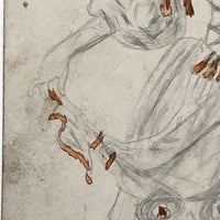 Mid 1800s Pencil and Watercolor Portrait of Young Woman in Fancy Dress
