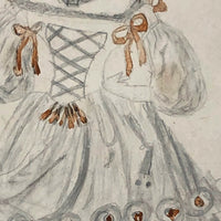 Mid 1800s Pencil and Watercolor Portrait of Young Woman in Fancy Dress