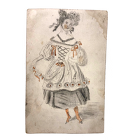 Mid 1800s Pencil and Watercolor Portrait of Young Woman in Fancy Dress