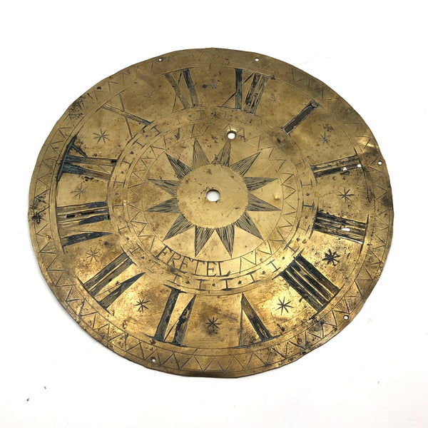 Special and Rare Early Hand-Engraved Brass Clock Dial Signed Fretel