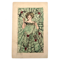 Art Nouveau Watercolor Postcard--Young Woman with Web of Hearts