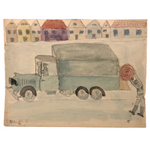 Arthur Tilo Alt Childhood Watercolor Drawing of Firetruck, Germany, WWII era