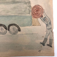 Arthur Tilo Alt Childhood Watercolor Drawing of Firetruck, Germany, WWII era