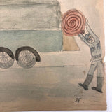 Arthur Tilo Alt Childhood Watercolor Drawing of Firetruck, Germany, WWII era