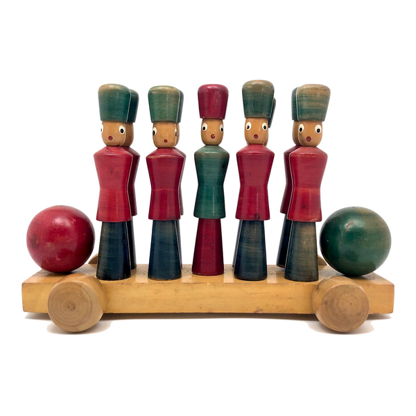 Italian Soldier Nine Pin Skittles Set on Rolling Cart, Made for B Altman