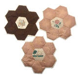 Lovely Antique Quilted Silk Hexagons with Drawings at Center - Set of Three