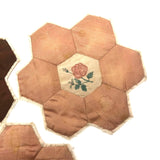 Lovely Antique Quilted Silk Hexagons with Drawings at Center - Set of Three