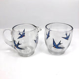 Glass Creamer and Sugar Bowl with Hand-painted Bluebirds