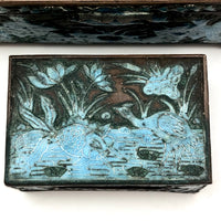 Chinese Blue Enamel on Bronze Cigarette and Match Box Set