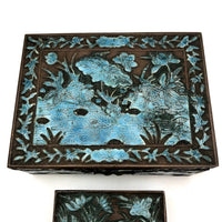Chinese Blue Enamel on Bronze Cigarette and Match Box Set