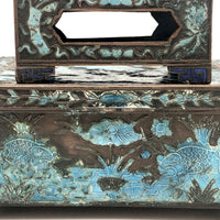 Chinese Blue Enamel on Bronze Cigarette and Match Box Set