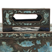 Chinese Blue Enamel on Bronze Cigarette and Match Box Set