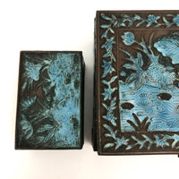 Chinese Blue Enamel on Bronze Cigarette and Match Box Set